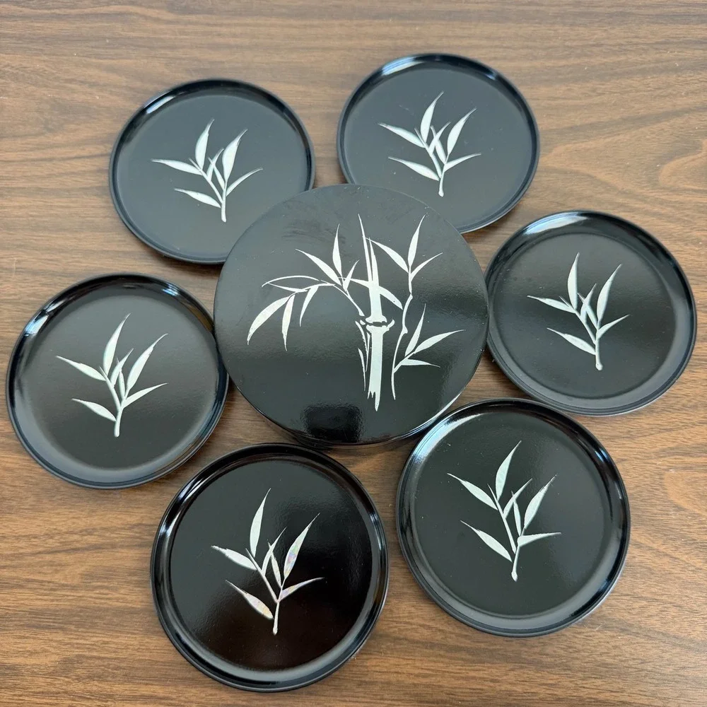 Vintage Otagiri Japan Lacquerware Coaster Set Mother of Pearl Bamboo Inlay 6pc